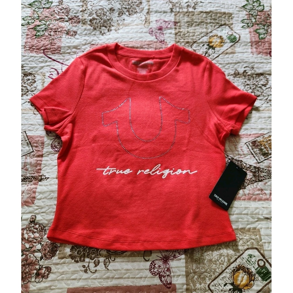 TRUE RELIGION Women's Crystal Rib Baby Tee Short Sleeve Crop Top Logo Y2K Size L